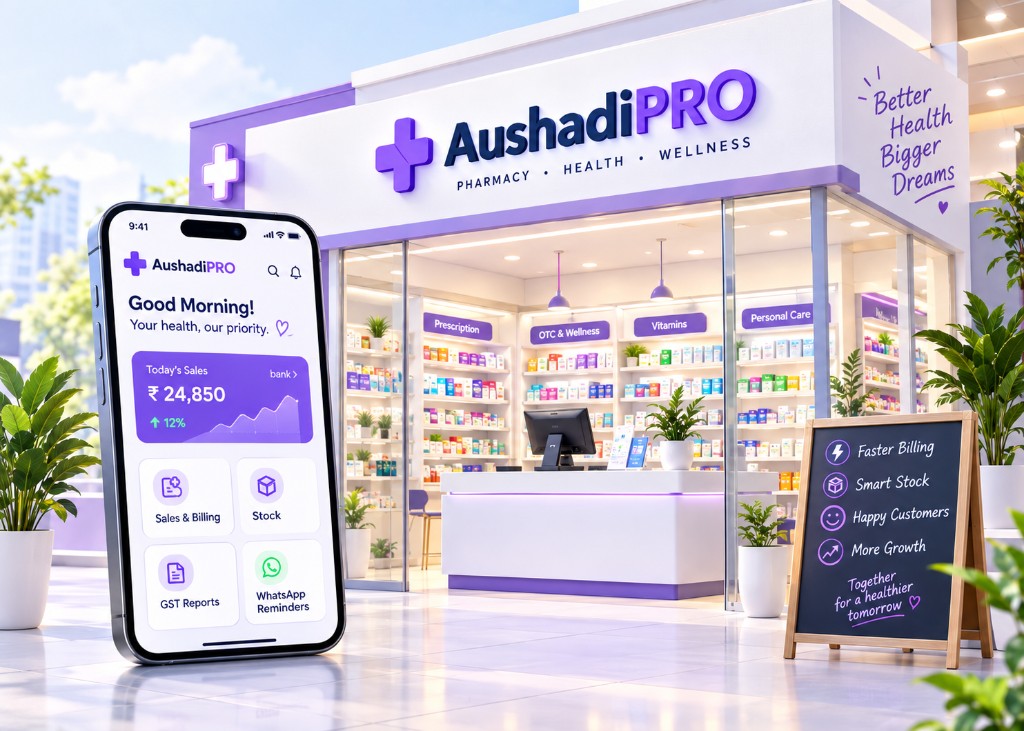 AushadiPro pharmacy — bright counter, mobile app dashboard, and wellness storefront
